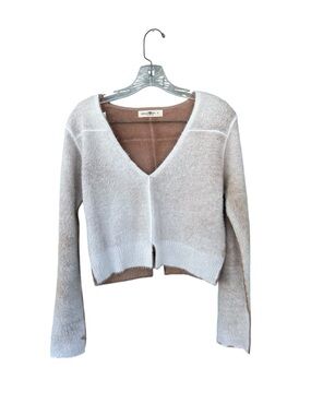 NATURAL LIFE Fuzzy V-Neck Sweater - Size Small - White & Beige